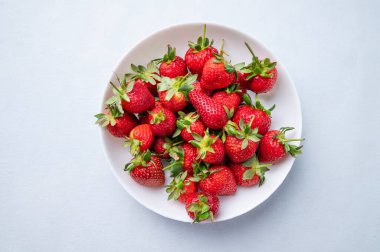 Açık mavi arka planda beyaz bir kasede sulu çilekler. Çiftlik olgun, sağlıklı meyveler. Üst görünüm ve kopyalama alanı.