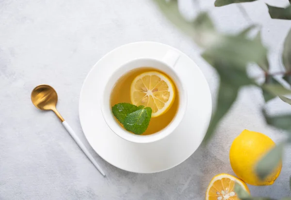 Limonlu Bitki Çayı Beyaz Bir Fincanda Nane Arka Planda Okaliptüs — Stok fotoğraf
