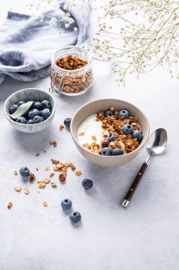 Sağlıklı bir yoğurt kahvaltısı, granola ve çiçekli taze yaban mersini konsepti. Ev yapımı diyet ve protein yiyeceği. Üst görünüm ve kopyalama alanı.