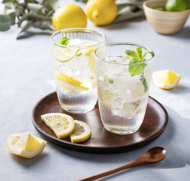 Taze limon, limon, nane ve buzlu limonata. Hafif arka planda gölgeli narenciyeli mojito kokteyli. Yaz soğuk içecekler konsepti.