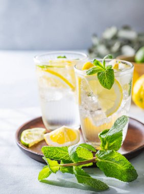 Taze limon, limon, nane ve buzlu limonata. Hafif arka planda limonlu mojito kokteyli tazeleniyor. Yaz soğuk içecekler konsepti. Ön görünüm ve boşluk kopyala.