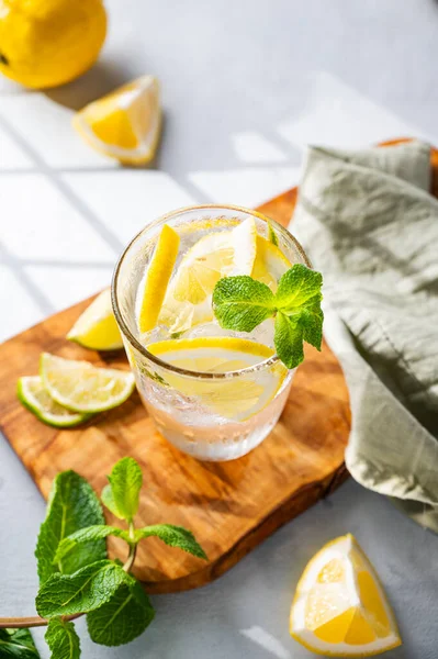 Limonádový Nápoj Čerstvým Citronem Citrónem Mátou Ledem Osvěžující Citrusový Mojito — Stock fotografie