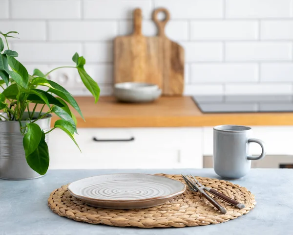 木制蓝桌 顶部有花盆 盘子和杯子当早餐 在模糊的白色厨房与切菜板在晨光下的丑闻风格 — 图库照片