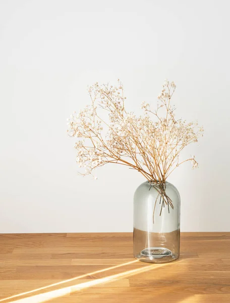 Stylish Modern Dry Gypsophila Flowers Glass Vase Wooden Background Morning — Stock Photo, Image