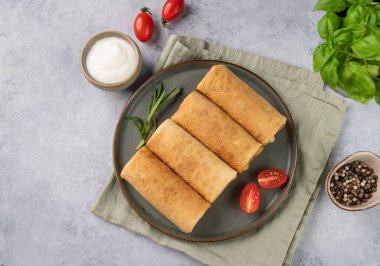 Ekşi krema, domates ve taze bitkiyle birlikte mavi bir zeminde et ya da dana etli ev yapımı krep. Kahvaltı için sağlıklı yemek. Üst görünüm ve kopyalama alanı.