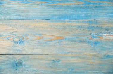 Eski moda, mavi ahşap bir arka plan. Yıpranmış kırık tahtaların katı ahşap duvarı. Tasarım ürünü için hazırlan. Üst görünüm ve kopyalama alanı.