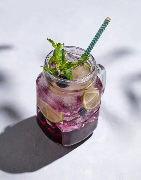 Blueberry Mojito Lemonade Lime Ice Mint Glass Light Background Berries — Stock Photo, Image