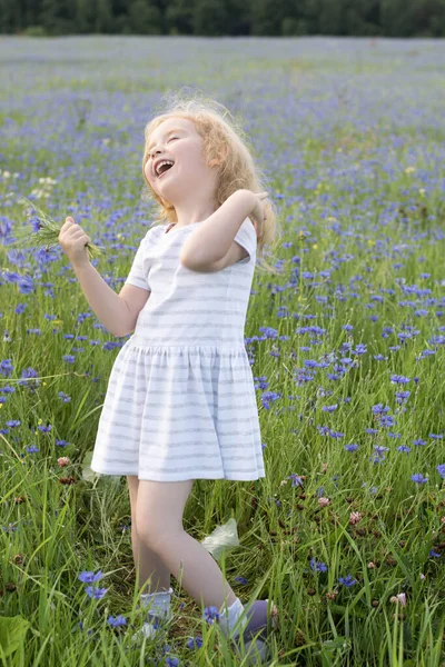 夏天的一天 一个身穿连衣裙 头戴花束的小女孩 在一片开着玉米花的田野里嬉笑玩耍 儿童的情绪 — 图库照片