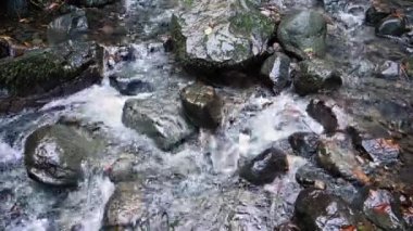 Güneşli bir yaz gününde, kayalar ve berrak suyla dolu bir dağ geçidinde güzel bir şelale. Gürcistan, Batum 