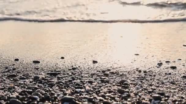 Ondas Mar Praia Com Seixos Pedras Pôr Sol Close Costa — Vídeo de Stock
