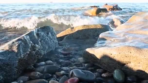 Onde Marine Sulla Spiaggia Con Ciottoli Sassi Tramonto Primo Piano — Video Stock