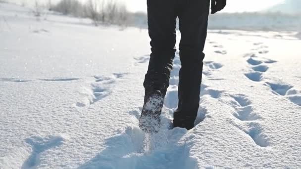 Mężczyzna Spaceruje Słonecznej Mroźnej Pogodzie Świeżym Śniegu Polu Czerwonej Kurtce — Wideo stockowe