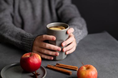 Ellerinde ev yapımı elma kokteyli ya da arkaplanda taze meyve ve baharatlı elma ve tarçınlı gri bir bardak var. Sonbahar ya da kış sıhhatli içecekleri.. 