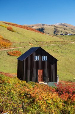 Renkli ağaçlarla ve tepede yapayalnız bir evle güzel bir sonbahar dağ manzarası. Gürcistan dağlarında seyahat etmek. Gomismta Köyü.