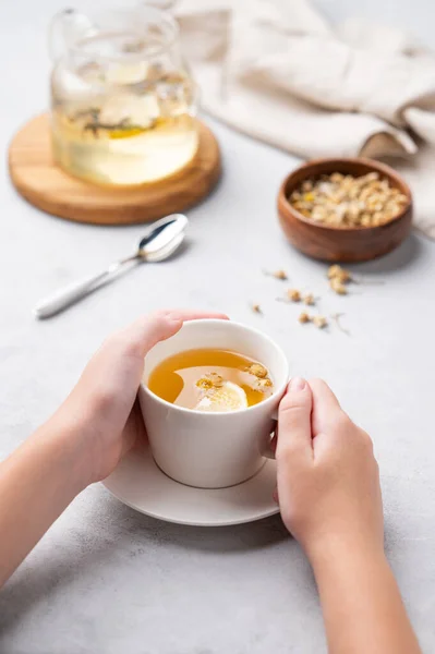 Hands holding a glass cup with chamomile herbal tea on a light background with dry flowers and teapot. The concept of a healthy drink for health and immunity.