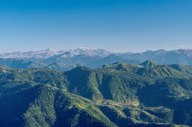 Yeşil ağaçlarla, mavi gökyüzüyle ve güneşli bir günde kar zirveleriyle güzel bir dağ manzarası. Gürcistan dağlarında seyahat etmek. Gomismta Köyü.