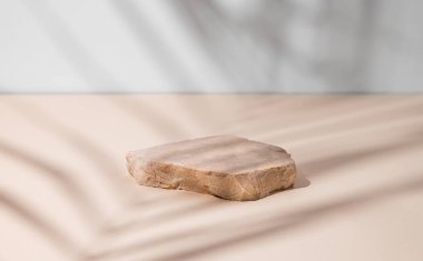 Kalıplı açık arkaplanda bej renkli taş levha ve palmiye yaprağının yumuşak gölgesi. Promosyon ürünlerinin sunumu, satışı veya kozmetik ürünlerinin tanıtımı için tasarım. Boşluğu kopyala.