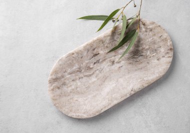 Açık desenli yeşil yapraklı boş mermer tahta ya da tepsi. Promosyon ürünlerinin sunumu, satışı veya kozmetik ürünlerinin tanıtımı için tasarım. Üst görünüm ve kopyalama alanı.