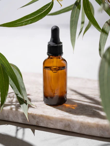 Beyaz arka planda, yaprakları ve gölgesi olan mermer bir tahtanın üzerinde şişedeki yüz ve vücut serumu. Sağlık ve güzellik ürünleri sunumu, satış veya kozmetik reklam afişi için sahne kavramı