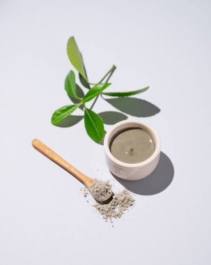 Bir kasede mavi kil ve arka planda yapraklar ve gölgelerle kaşık. Ev yapımı cilt bakımı organik kozmetik ürünleri ve spa tedavisi için konsept. Üst görünüm ve kopyalama alanı.