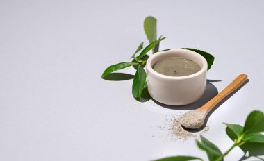 Spa tedavisi. Bir kasede mavi kil ve arka planda yapraklar ve gölgelerle kaşık. Ev yapımı cilt bakımı organik kozmetik ürünleri. Boşluğu kopyala.