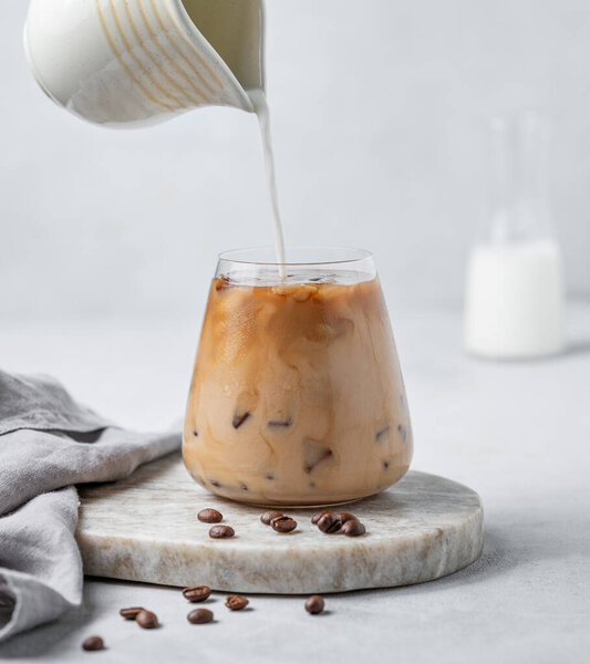 Milk Pouring Milk Jug Glass Iced Coffee Marble Board Light — Stock Photo, Image