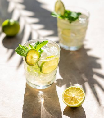 İki bardak limonata, naneli ve buzlu. Palmiye yaprağının gölgesi altında narenciye meyveli mojito kokteyli. Yaz soğuk içecekler konsepti. 