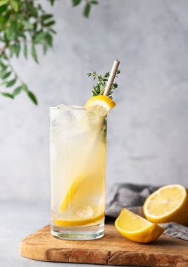 Limonlu, naneli ve buzlu mojito. Ahşap bir tahtanın üzerinde meyve ve yaprağın olduğu mavi bir zemin üzerinde turunçgil limonatası. Yaz modasına uygun soğuk içecek konsepti. Ön görünüm ve boşluk kopyala.