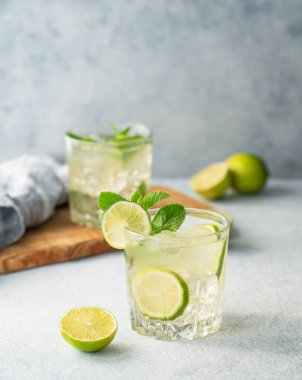 Limonlu, naneli ve buzlu iki bardak mojito kokteyli. Turunçgil meyveleriyle ferahlatıcı limonata içeceği konsepti. Boşluğu kopyala.