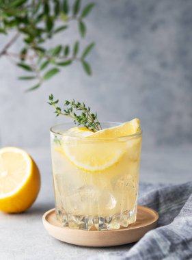 Limonata, taze limon, nane ve buz. Peçeteyle arkaplandaki narenciye kokteylini tazeliyorum. Yaz soğuk içecekler konsepti. Boşluğu kopyala