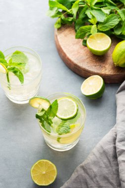 Naneli ve buzlu iki bardak limonlu mojito. Hafif bir arka planda narenciye kokteyli tazeleniyor. Yaz soğuk limonata içkisi konsepti. Üst görünüm.