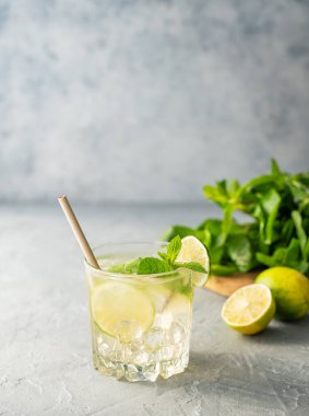 Mojito taze limonla içilir. Turunçgil meyvesi, nane ve buzlu gri arka planda taze bir kokteyl. Soğuk limonata konsepti. Boşluğu kopyala.