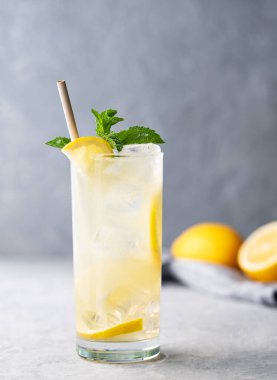 Limonlu, naneli ve buzlu mojito. Hafif arka planda, peçete ve meyveli turunçgil limonatası. Yaz modasına uygun soğuk içecek konsepti. Ön görünüm.
