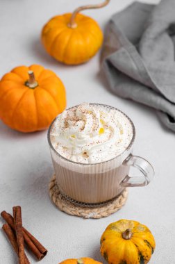 Süslü balkabakları ve tarçın çubuğuyla cam bardakta kremalı baharatlı latte. Moda sonbahar ılık içeceği kavramı. Üst görünüm.