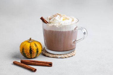Süslü balkabağı ve tarçın çubuğuyla cam bardakta kremalı baharatlı latte ya da sıcak çikolata. Moda sonbahar ılık içeceği kavramı. Ön görünüm ve boşluk kopyala.