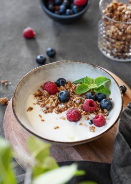 Yunan yoğurdu, ahududu ve böğürtlenli granola koyu bir arka planda taze böğürtlen ve yapraklı yaban mersini. Süt ürünleri ve yulaf ezmesinden yapılmış ev yapımı kahvaltı konsepti. 