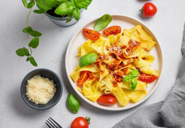 Domates soslu Tagliatelle makarnası, fesleğen ve parmesan peyniri hafif bir arka planda taze otlarla birlikte. Geleneksel ev yapımı İtalyan yemeği kavramı. Üst görünüm