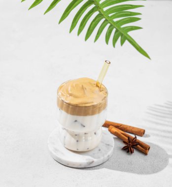 Palmiye yaprağı, baharat ve güneş ışığıyla beyaz desenli arka planda bir bardakta Dalgona kahvesi. Hazır kahve, şeker, süt ve buzlu Kore kremalı içeceği. Tatlı moda tatlı konsepti. Boşluğu kopyala.