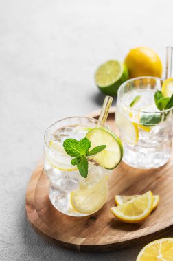 Kokteyl ya da limonata mojito. Taze limon, limon, nane ve buzlu. Arka planda hafif bir tabakta, meyve ve güneş ışığıyla. Yaz mevsiminde ferahlatıcı narenciye içeceği kavramı. Boşluğu kopyala.