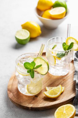 Kokteyl ya da limonata mojito. Taze limon, limon, nane ve buzlu. Arka planda hafif bir tabakta, meyve ve güneş ışığıyla. Modaya uygun bir yaz mevsimi tazeleyici narenciye içeceği kavramı. 
