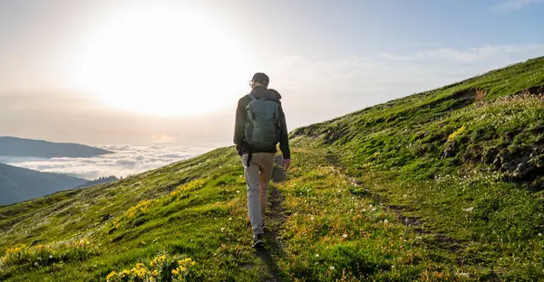 Sırt çantalı bir turist, gün doğumunda ya da gün batımında arkasında bulutlar olan izleyiciye sırtını dönük olarak yeşil bir dağ yolunda yürüyor. Doğa yolculuğu konsepti.