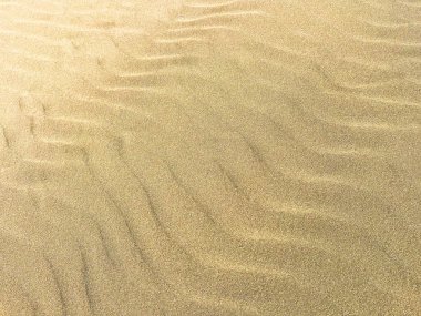 Sahilde kum dalgaları olan bir arka plan. Güneşli bir yaz gününde kum tepeleri. Üst görünüm ve kopyalama alanı.