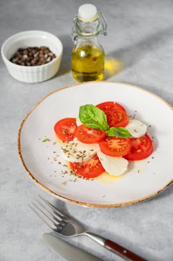 Domatesli Caprese salatası, mozzarella ve arka planda hafif bir tabakta fesleğen, baharatlar ve güneş ışığında zeytinyağı. Sağlıklı Akdeniz mutfağı kavramı. 