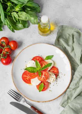 Dilimlenmiş domatesli taze Caprese salatası, mozzarella peyniri, fesleğen yaprağı ve peçeteli bir tabakta balzamik jöle. Sağlıklı beslenme konsepti. Üst görünüm ve kopyalama alanı.