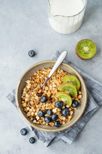 Hafif bir arka planda taze meyve ve sütle birlikte kivi ve yaban mersinli bir kasede ev yapımı granola veya müsli. Sağlıklı ve besleyici kahvaltı konsepti. Üst görünüm ve kopyalama alanı.