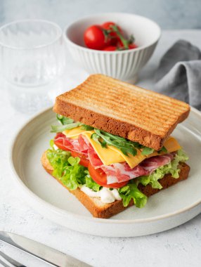 Domuz pastırmalı, peynirli, domatesli, marullu, roka soslu tost ekmeği. Arka planda hafif bir tabakta, bir bardak suyla yakın plan. Sağlıklı ve besleyici kahvaltı konsepti.