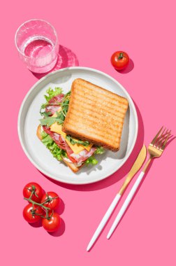 Pastırmalı, peynirli, domatesli, marullu, roka soslu ekmek sandviçi pembe bir arka planda bir bardak suyla. Menü reklamcılığı veya sağlıklı yemek afişi için kahvaltı konsepti. Üst görünüm