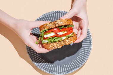 Ellerinde domatesli tahıllı ekmek, mozzarella roka ve pesto parlak bej arka planda gölgeli bir tabakta. Reklam menüsü ya da afiş için kahvaltılık tost konsepti. Üst görünüm, alanı kopyala