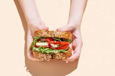 Ellerinde domatesli tahıllı ekmek, mozzarella roka ve açık bej arkaplanlı pesto var. Reklam menüsü ya da afiş için kahvaltılık tost konsepti. Üst görünüm, alanı kopyala