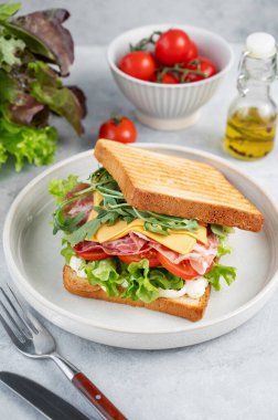 Domuz pastırmalı, peynirli, domatesli, marullu, roka soslu ve yağlı, bitkisel ve peçeteli bir tost sandviçi. Sağlıklı ve besleyici kahvaltı konsepti. 